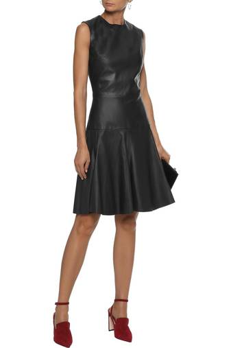 Women’s black lambskin leather dress fit & flare sleeveless dress