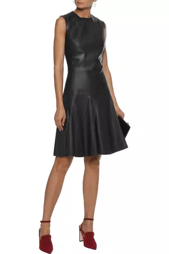 Women’s black lambskin leather dress fit & flare sleeveless dress