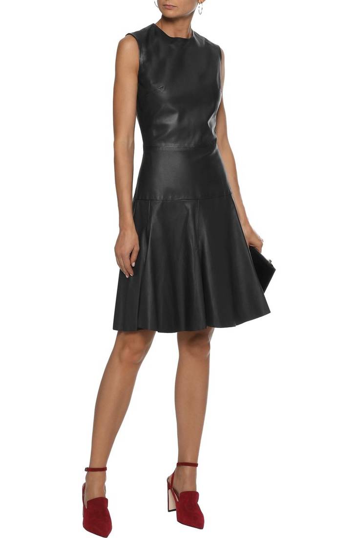 Women’s black lambskin leather dress fit & flare sleeveless dress