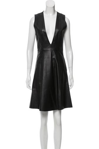 Women’s black lambskin leather dress deep v-neck fit & flare dress