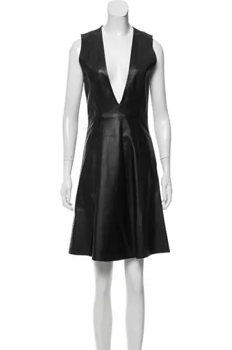 Women’s black lambskin leather dress deep v-neck fit & flare dress