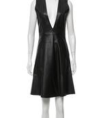 Women’s black lambskin leather dress deep v-neck fit & flare dress