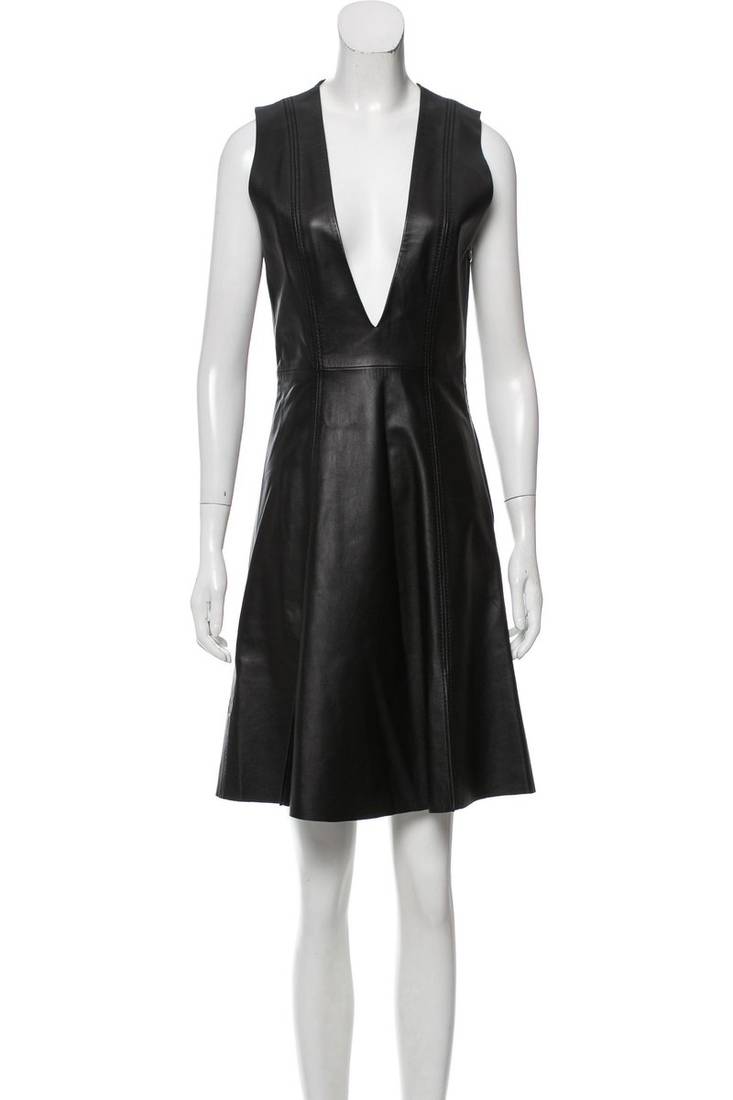 Women’s black lambskin leather dress deep v-neck fit & flare dress