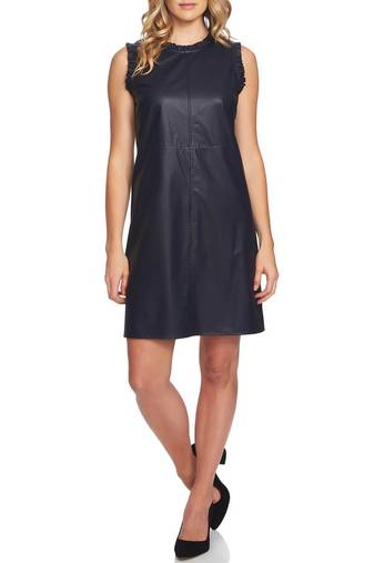 Women’s lambskin leather dress sleeveless shift dress with ruffle