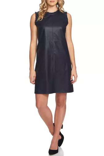 Women’s lambskin leather dress sleeveless shift dress with ruffle
