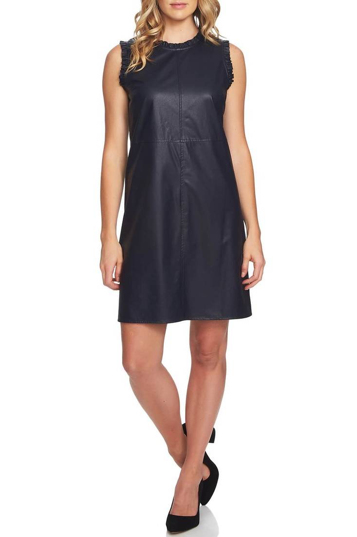 Women’s lambskin leather dress sleeveless shift dress with ruffle
