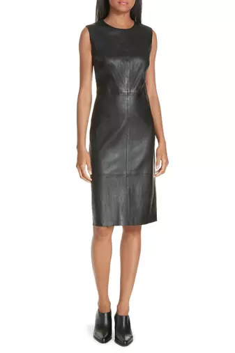 Women’s lambskin leather dress sleeveless bodycon midi dress