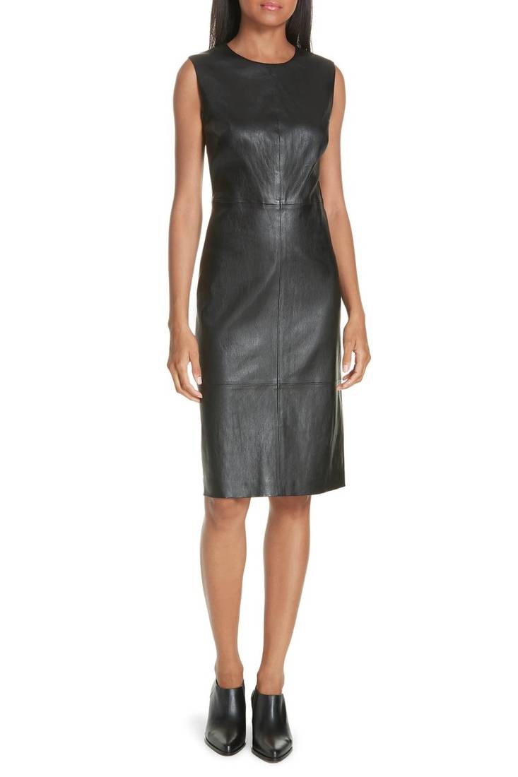 Women’s lambskin leather dress sleeveless bodycon midi dress