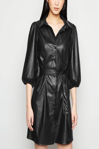 Women’s black lambskin leather shirt dress with belt & puff sleeves