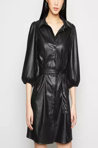 Women’s black lambskin leather shirt dress with belt & puff sleeves