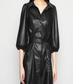 Women’s black lambskin leather shirt dress with belt & puff sleeves