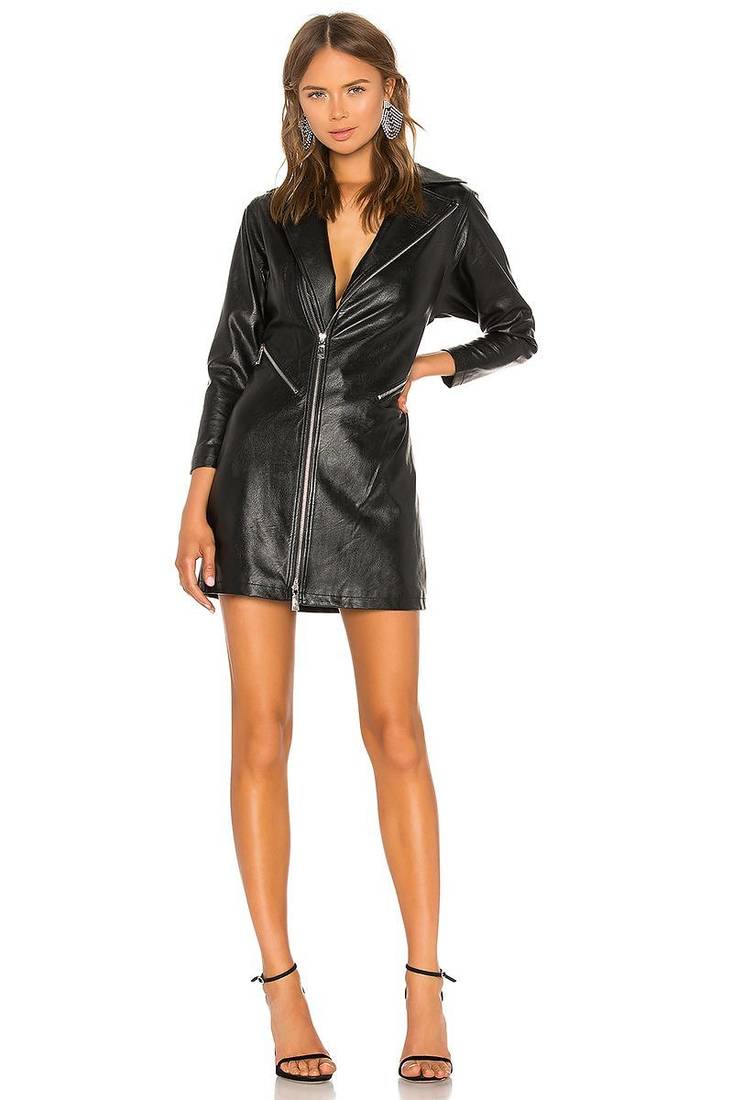 Women’s lambskin leather dress black leather biker style zip dress
