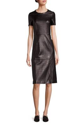 women's black lambskin midi leather dress short sleeve design 1