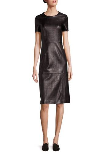 Women’s black lambskin leather crocodile textured real leather short sleeve midi dress