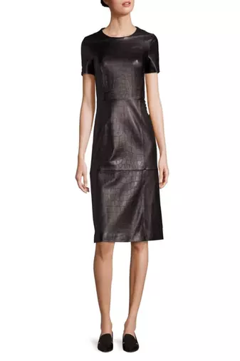 Women’s black lambskin leather crocodile textured real leather short sleeve midi dress
