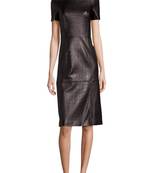 Women’s black lambskin leather crocodile textured real leather short sleeve midi dress