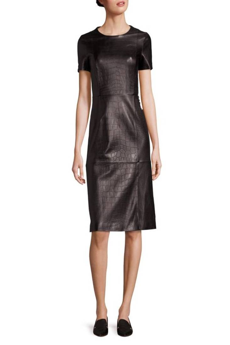 Women’s black lambskin leather crocodile textured real leather short sleeve midi dress