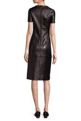 women's black lambskin midi leather dress short sleeve design 2