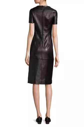 women's black lambskin midi leather dress short sleeve design