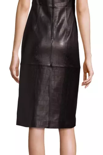 women's black lambskin midi leather dress short sleeve design