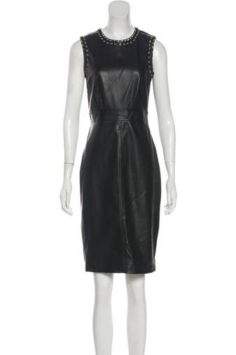 Women’s black lambskin leather sleeveless dress with studded neckline