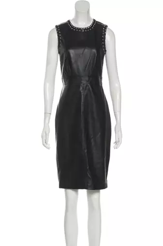 Women’s black lambskin leather sleeveless dress with studded neckline