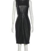 Women’s black lambskin leather sleeveless dress with studded neckline