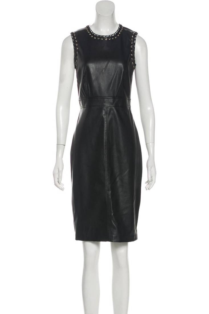 Women’s black lambskin leather sleeveless dress with studded neckline