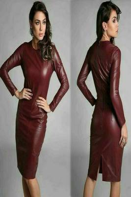 women's maroon lambskin midi leather dress long sleeve design 1