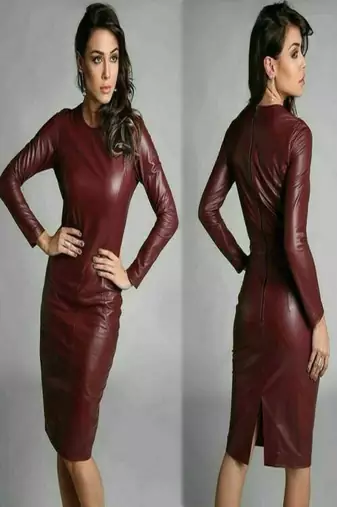 Women’s maroon lambskin leather dress bodycon midi dress with long sleeves