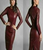 Women’s maroon lambskin leather dress bodycon midi dress with long sleeves