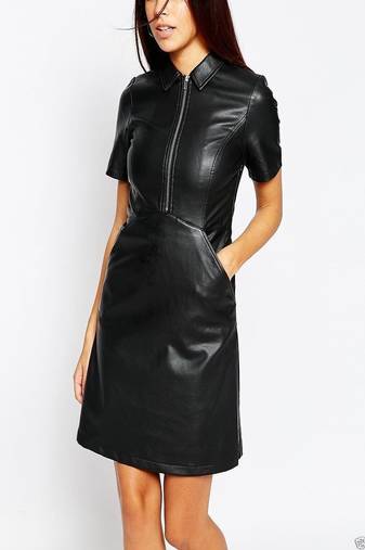 Women’s black lambskin leather dress zip front shirt dress with pockets