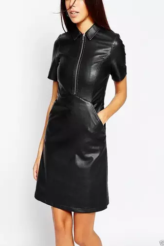 Women’s black lambskin leather dress zip front shirt dress with pockets