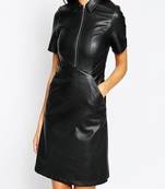 Women’s black lambskin leather dress zip front shirt dress with pockets