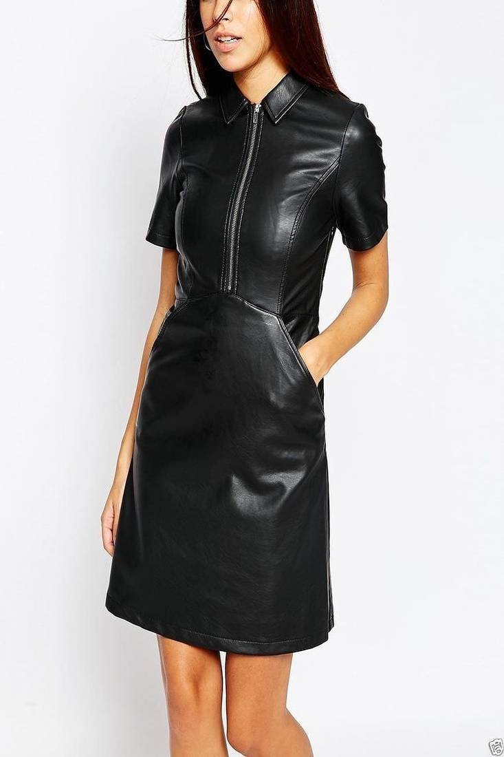 Women’s black lambskin leather dress zip front shirt dress with pockets