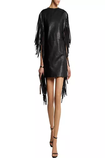 Women’s black real lambskin leather dress fringe sleeve shift dress