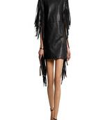 Women’s black real lambskin leather dress fringe sleeve shift dress
