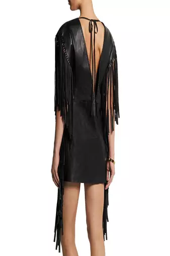 women's black lambskin leather dress fringed western design