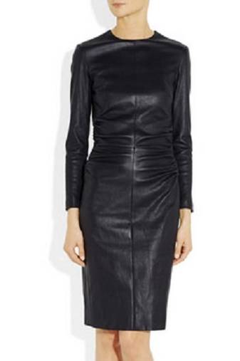 Women’s black lambskin leather dress long sleeve bodycon midi dress