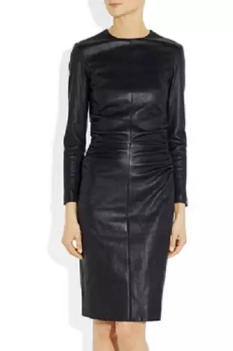 Women’s black lambskin leather dress long sleeve bodycon midi dress