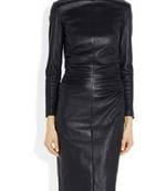 Women’s black lambskin leather dress long sleeve bodycon midi dress