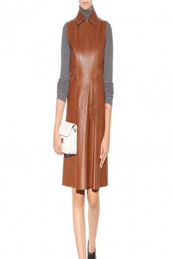 Women’s brown real leather sleeveless a-line dress with collared neck