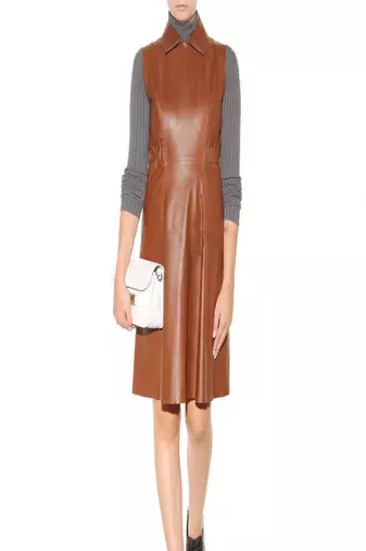 Women’s brown real leather sleeveless a-line dress with collared neck