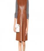 Women’s brown real leather sleeveless a-line dress with collared neck