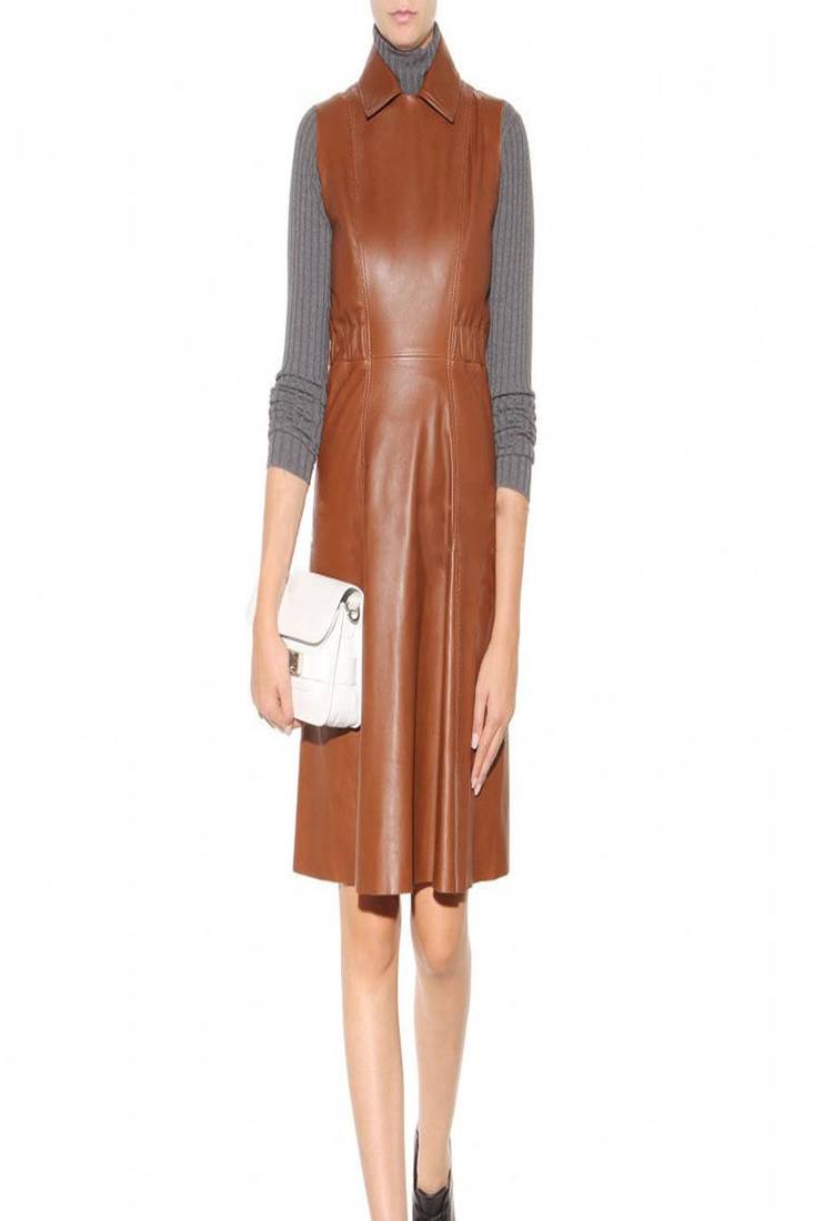 Women’s brown real leather sleeveless a-line dress with collared neck