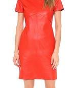 Women’s red lambskin leather short sleeve bodycon dress with round neck