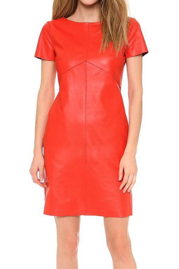 Women’s red lambskin leather short sleeve bodycon dress with round neck