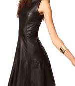 Women’s genuine lambskin black leather dress sleeveless fit & flare dress