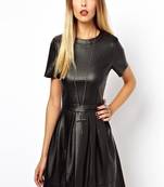 Women’s genuine lambskin black leather dress sleeveless fit & flare party dres