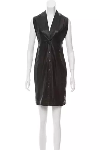 Women’s genuine lambskin leather sleeveless v-neck button front dress